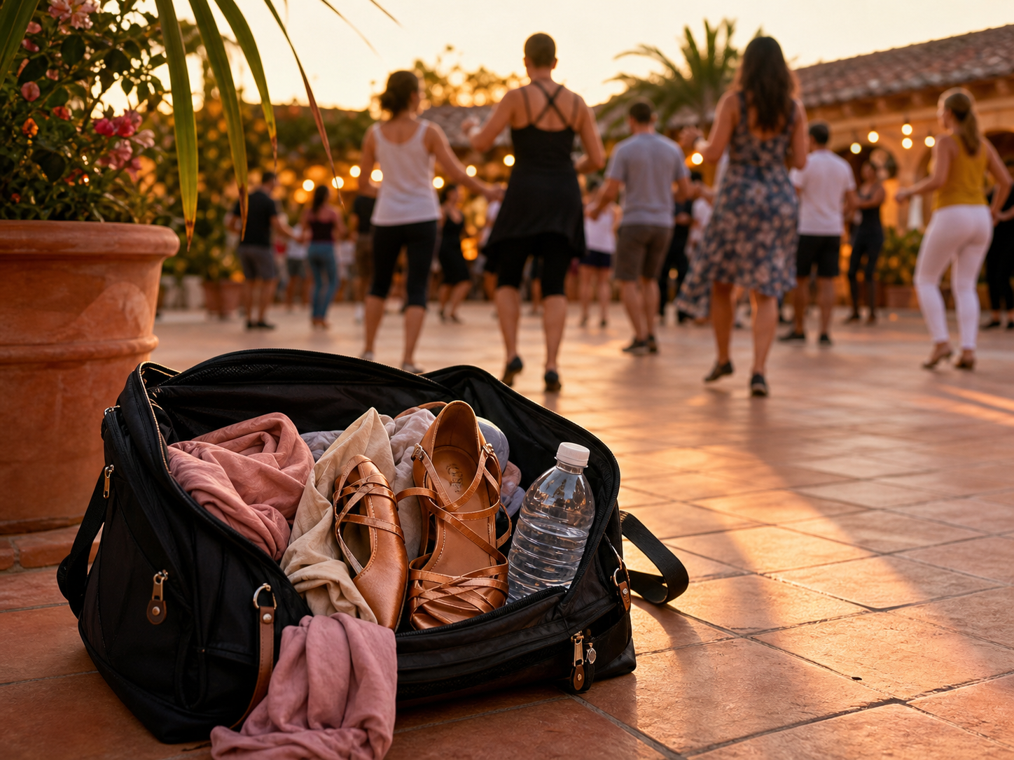 Festivalpass, Notizbuch und bequeme Tanzschuhe auf einem Bett