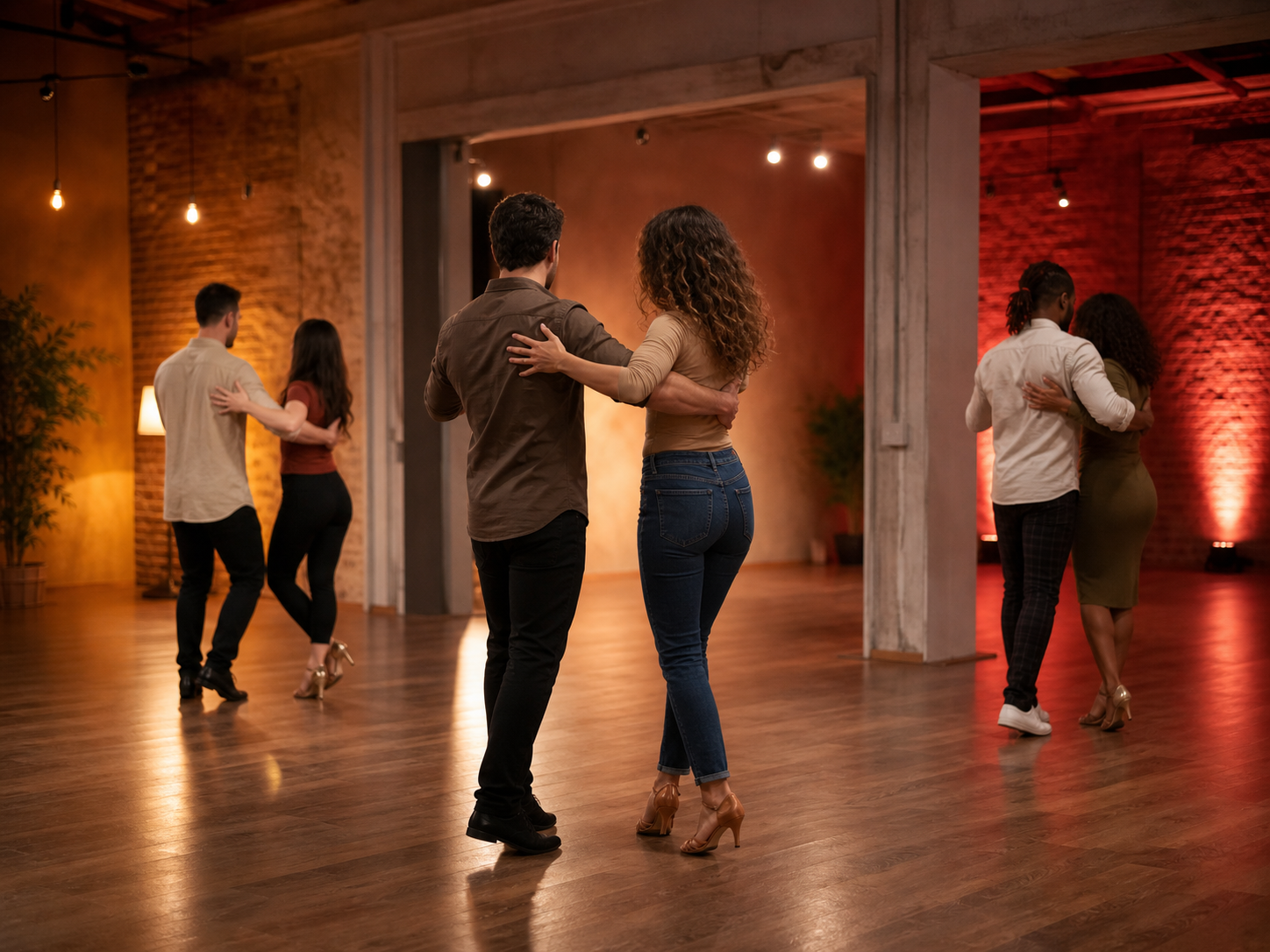 Tanzschuhe stehen nebeneinander vor einer warm beleuchteten Social