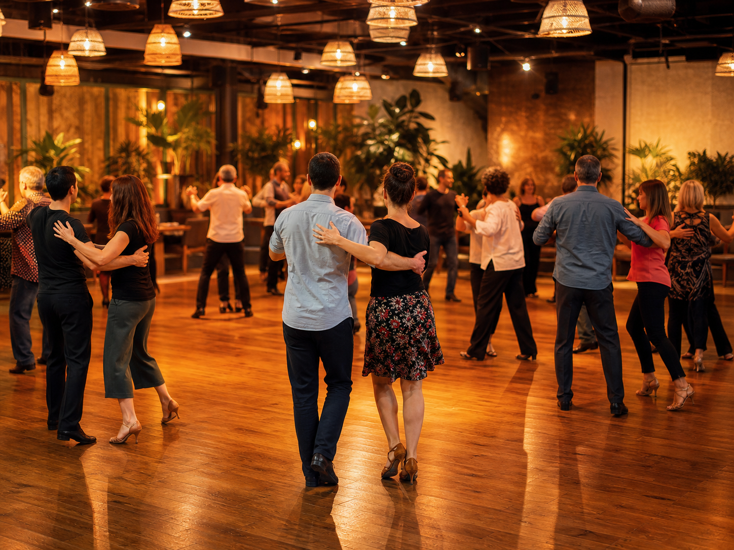 Tanzschuhe und eine Wasserflasche am Rand einer warm beleuchteten Social